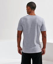 Person wearing a gray t-shirt on a white background