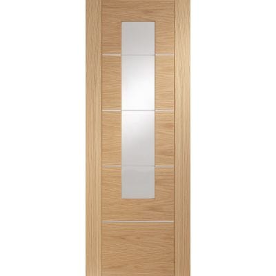 Wooden door with glass panel on a white background