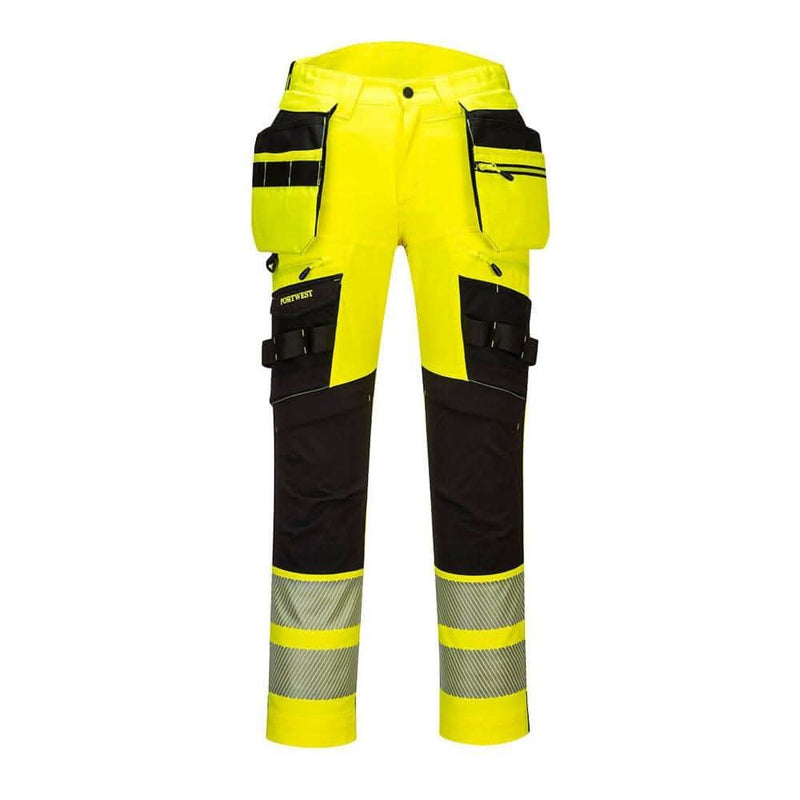 Portwest DX442 4-Way Stretch Hi-Vis Detachable Holster Pocket Trouser - Yellow with Marks - Apparel & Accessories > Clothing > Pants > Trousers HI-VIS TROUSERS
