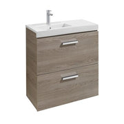 Bathroom vanity with sink and two drawers on a white background