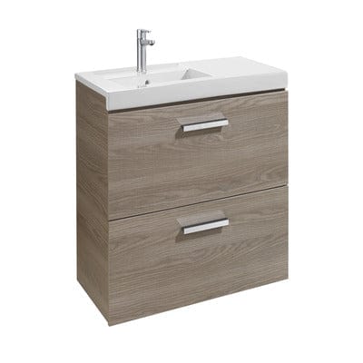 Bathroom vanity with sink and two drawers on a white background