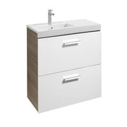 Bathroom vanity with white countertop and wooden base on a white background