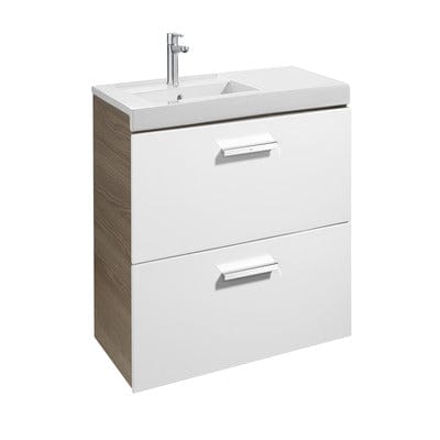 Bathroom vanity with white countertop and wooden base on a white background