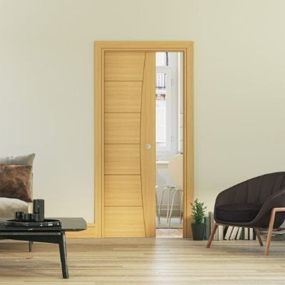 Single Pocket Door Sliding Kit + Handle & Doorjamb 100mm Oak Frame + Satin Chrome Hardware - All Sizes -