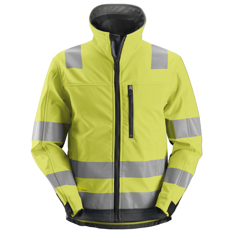 Snickers 1230 AllroundWork Hi-Vis Softshell Jacket CL3 Hi-Vis Yellow/Steel Grey Small - Apparel & Accessories > Clothing > Outerwear > Coats & Jackets > Windbreakers SALE HI-VIS JACKETS