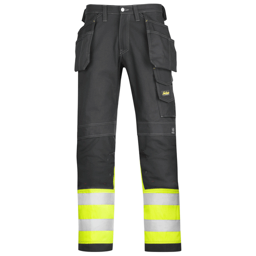 Snickers 3235 High-Vis Holster Pocket Cotton Trousers, Black/Hi-Vis Yellow Waist 28" Leg 32" - Apparel & Accessories > Clothing > Pants > Cargo Pants SALE TROUSERS