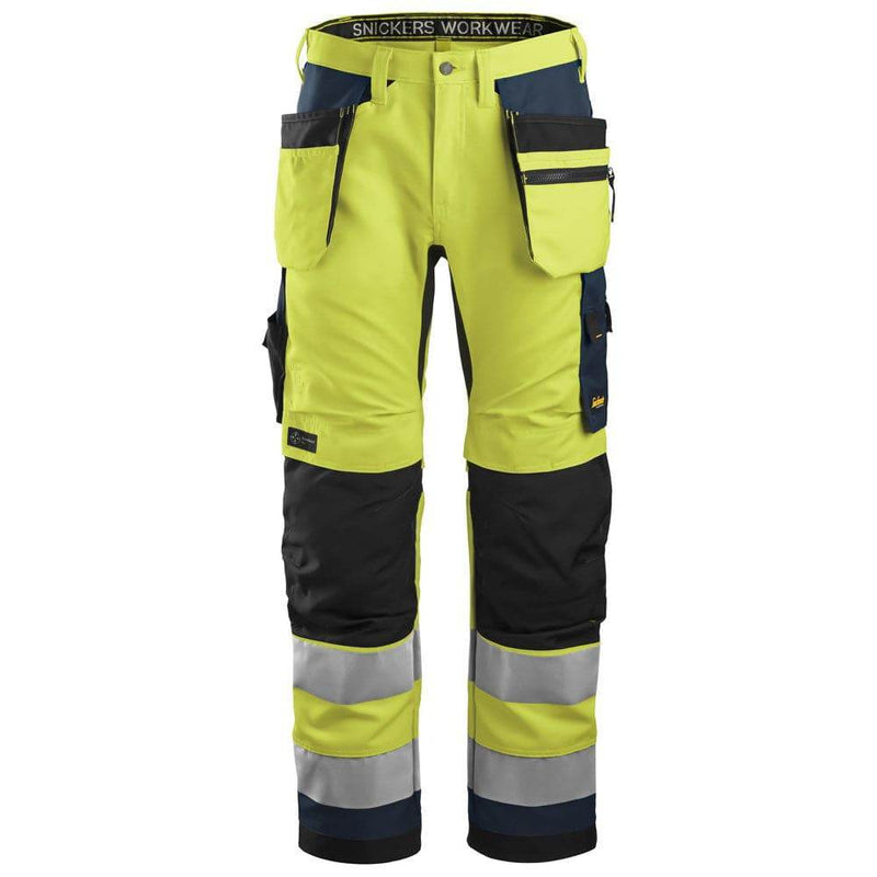 Snickers 6230 AllroundWork, Hi-Vis Trousers Holster Pockets+ CL2 Hi-Vis Yellow / Steel Grey / 33" Waist - 35" Leg - Snickers Size 148 - SALE HI-VIS TROUSERS