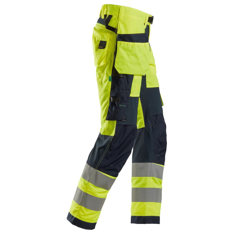 Snickers 6932 FlexiWork Hi-Vis Work Trousers Holster Pockets CL2 Yellow 35" Waist / 32" Leg - Snickers Size 50 - SALE HI-VIS TROUSERS