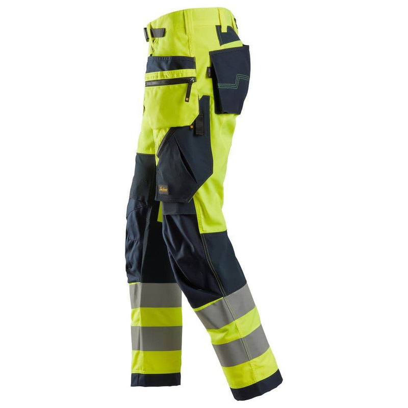 Snickers 6932 FlexiWork Hi-Vis Work Trousers Holster Pockets CL2 Yellow 36" Waist - 37" Leg - Snickers Size 252 - SALE HI-VIS TROUSERS