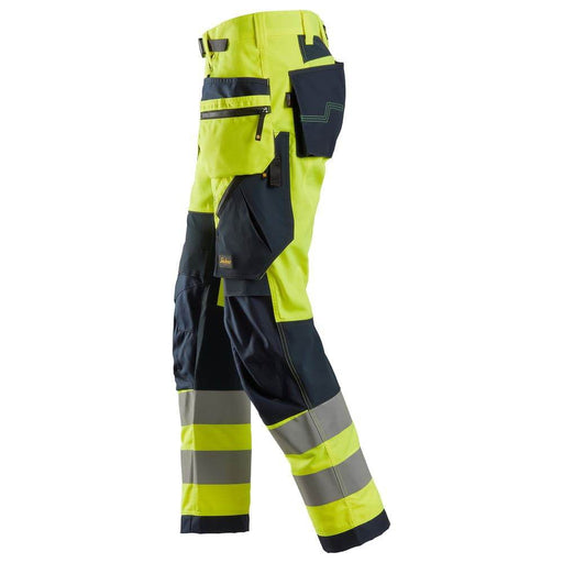 Snickers 6932 FlexiWork Hi-Vis Work Trousers Holster Pockets CL2 Yellow 36" Waist - 37" Leg - Snickers Size 252 - SALE HI-VIS TROUSERS