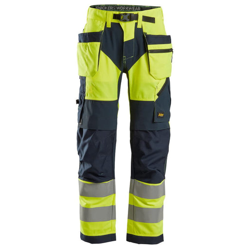 Snickers 6932 FlexiWork Hi-Vis Work Trousers Holster Pockets CL2 Yellow 35" Waist / 32" Leg - Snickers Size 50 - SALE HI-VIS TROUSERS