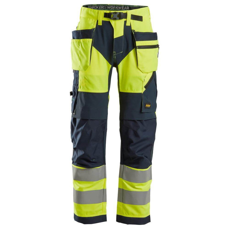 Snickers 6932 FlexiWork Hi-Vis Work Trousers Holster Pockets CL2 Yellow 36" Waist - 37" Leg - Snickers Size 252 - SALE HI-VIS TROUSERS