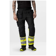 Black work pants with high-visibility yellow and gray accents on a white background