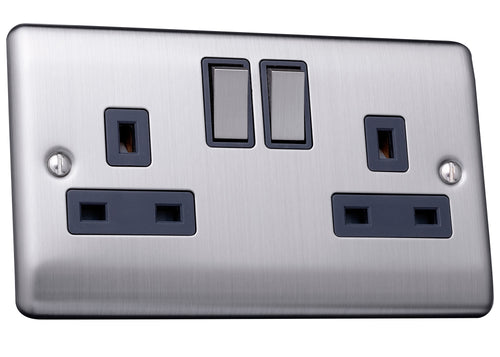 Caradok 13A 2 gang switched socket, double pole Brushed Chrome, Metal Switch, Grey Insert - Caradok - The Curve - Brushed Steel