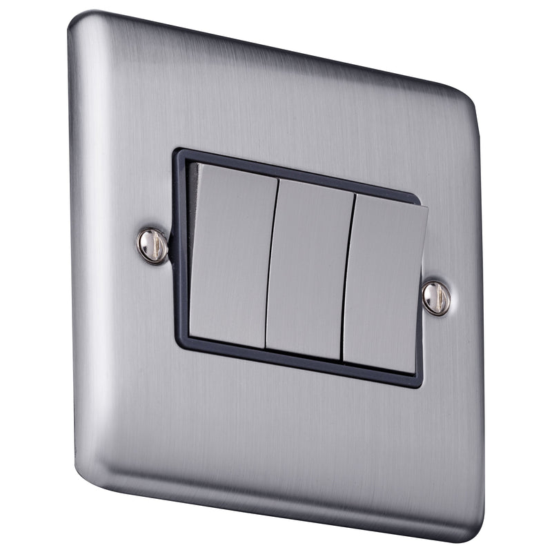 Caradok 3 gang 2 way plate switch Brushed Chrome, Metal Switch, Grey Insert - Caradok - The Curve - Brushed Steel