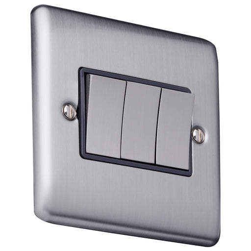 Caradok 3 gang 2 way plate switch Brushed Chrome, Metal Switch, Grey Insert - Caradok - The Curve - Brushed Steel