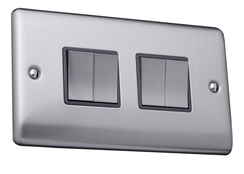 Caradok 4 gang 2 way plate switch Brushed Chrome, Metal Switch, Grey Insert - Caradok - The Curve - Brushed Steel
