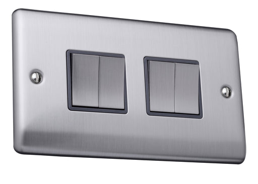 Caradok 4 gang 2 way plate switch Brushed Chrome, Metal Switch, Grey Insert - Caradok - The Curve - Brushed Steel