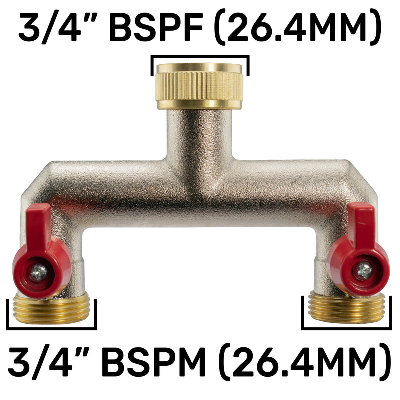 Two Way Tap Splitter Brass 3/4" BSP with Quick Connect Outlets - Garden watering