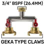 Two Way Tap Splitter Brass 3/4" BSP with Geka Type Outlets - Garden watering