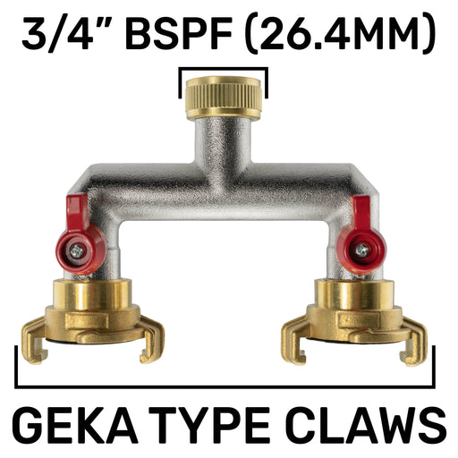 Two Way Tap Splitter Brass 3/4" BSP with Geka Type Outlets - Garden watering