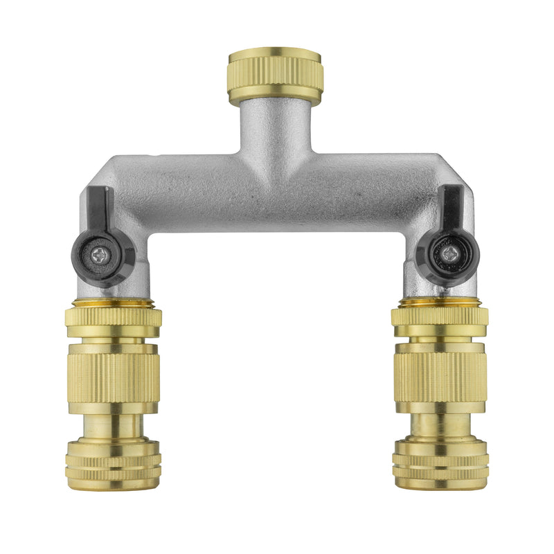 Two Way Tap Splitter Brass 3/4" BSP with Quick Connect and Hose Fittings - Garden watering