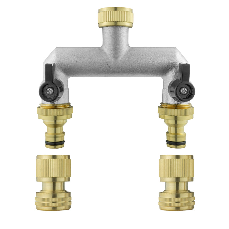 Two Way Tap Splitter Brass 3/4" BSP with Quick Connect and Hose Fittings - Garden watering