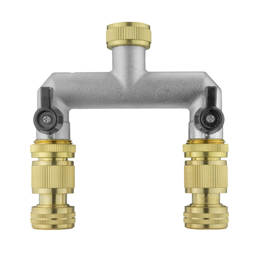 Two Way Tap Splitter Brass 3/4" BSP with Quick Connect and Hose Fittings - Garden watering