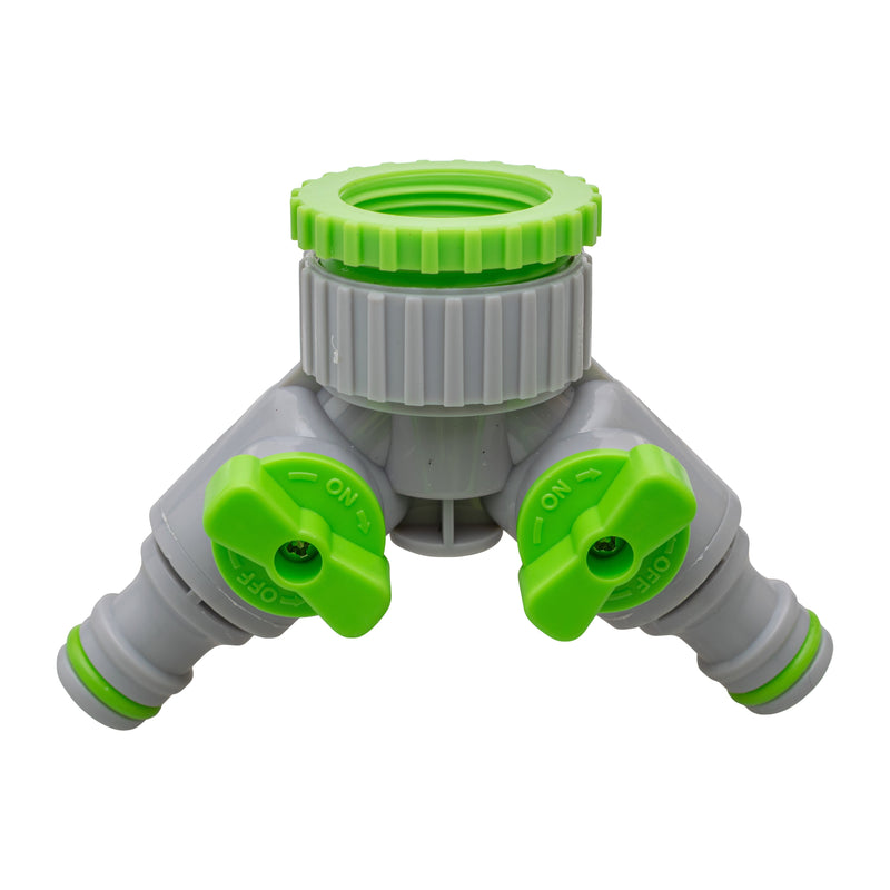 2-Way Tap Connector With Valves 1" or 3/4" BSP Female, Green/Gray - Home & Garden > Lawn & Garden Garden watering