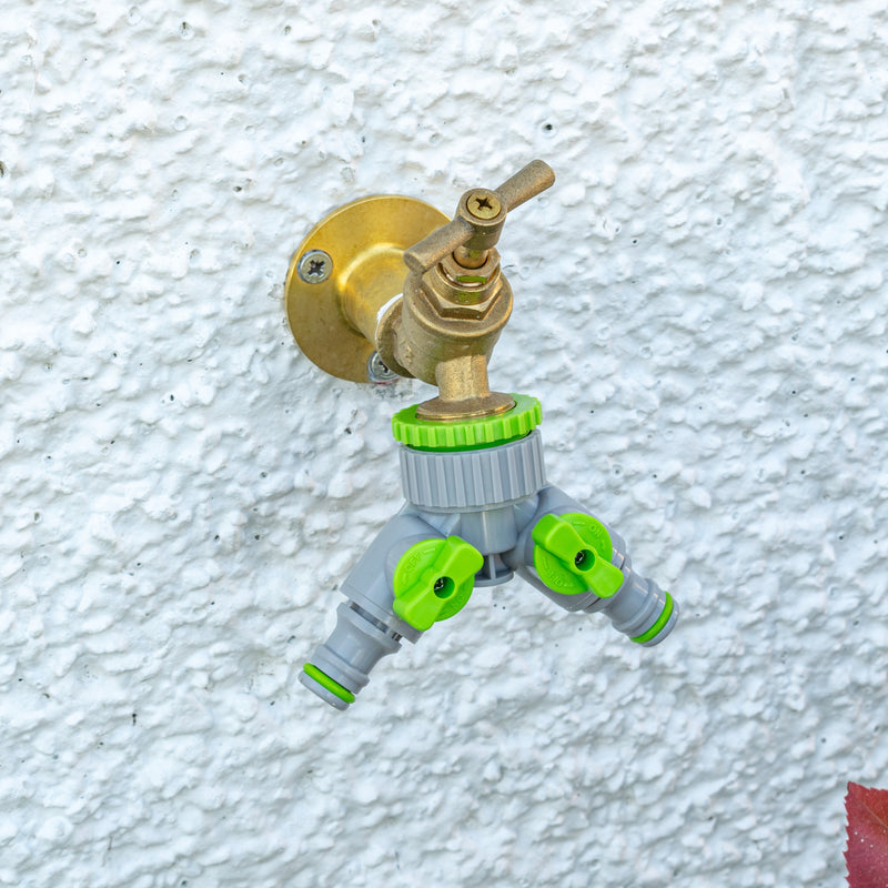 2-Way Tap Connector With Valves 1" or 3/4" BSP Female, Green/Gray - Home & Garden > Lawn & Garden Garden watering