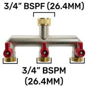 Three Way Tap Splitter Brass 3/4" BSP with Geka Type Outlets - Garden watering