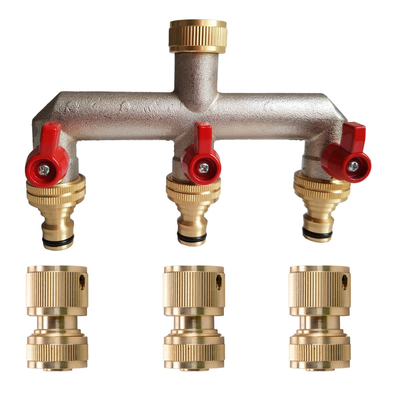 Three Way Tap Splitter Brass 3/4" BSP with Quick Connect and Hose Fittings - Garden watering