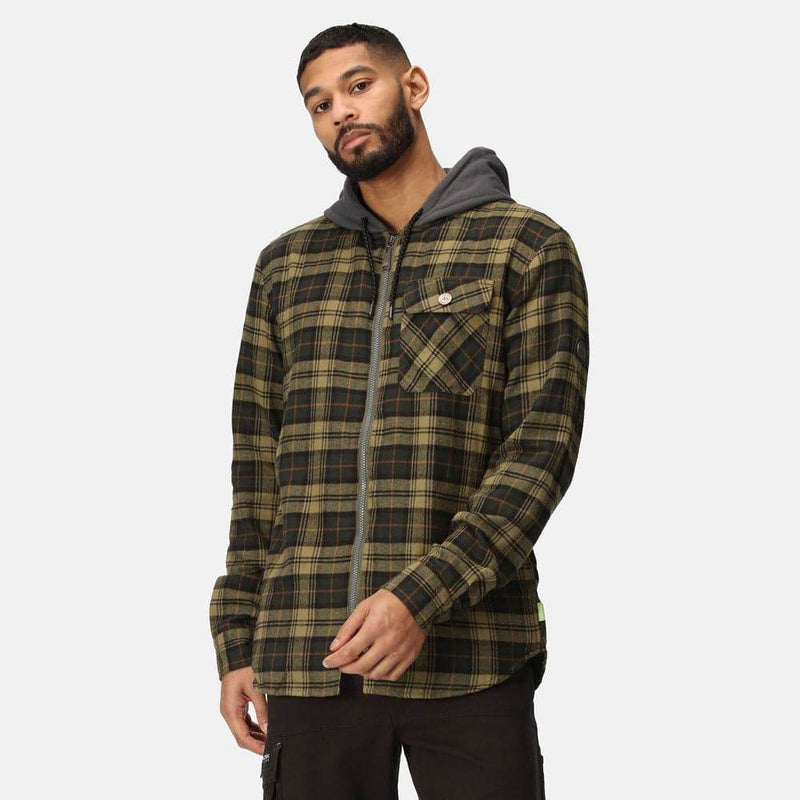 Regatta TRS205 Hooded Shirt Jacket Dark Khaki Check / Small - SALE JACKETS