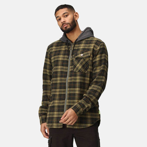 Regatta TRS205 Hooded Shirt Jacket Dark Khaki Check / Small - SALE JACKETS
