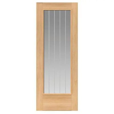 Wooden door with a glass panel on a white background