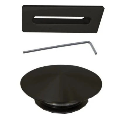 Black metal lid, black metal ring, and black Allen wrench on a white background