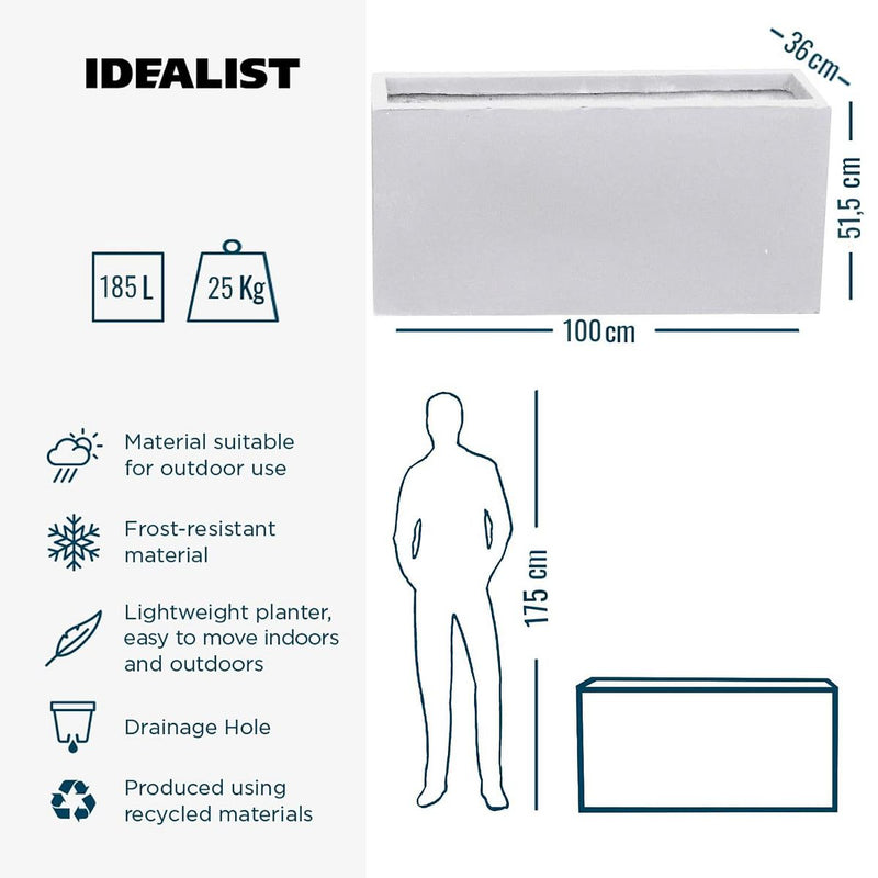 IDEALIST Lite Contemporary Trough Garden Planter, Light Concrete Outdoor Large Plant Pot H51.5 L100 W36 cm, 185L - Home & Garden > Lawn & Garden > Gardening > Pots & Planters > Planters