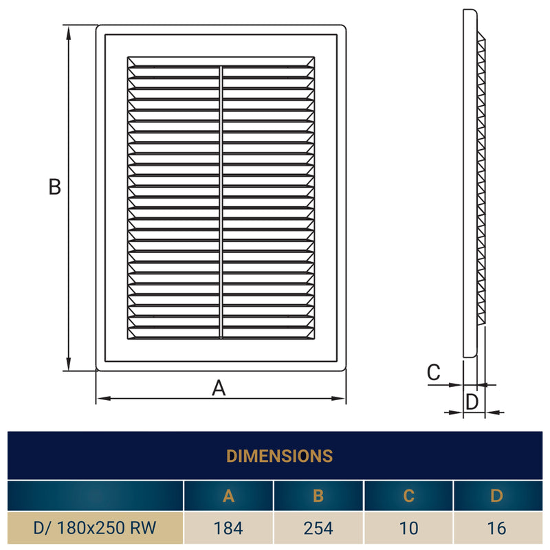 Louvre Vent D/180X250RW Classic 180mm X 250mm with Fly Screen - Hardware > Heating, Ventilation & Air Conditioning