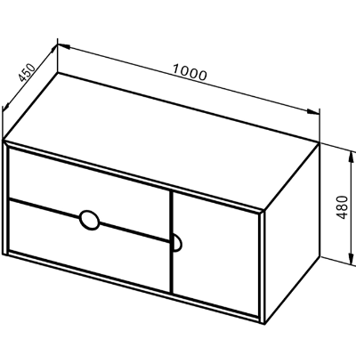 Diagram of a cabinet with dimensions labeled