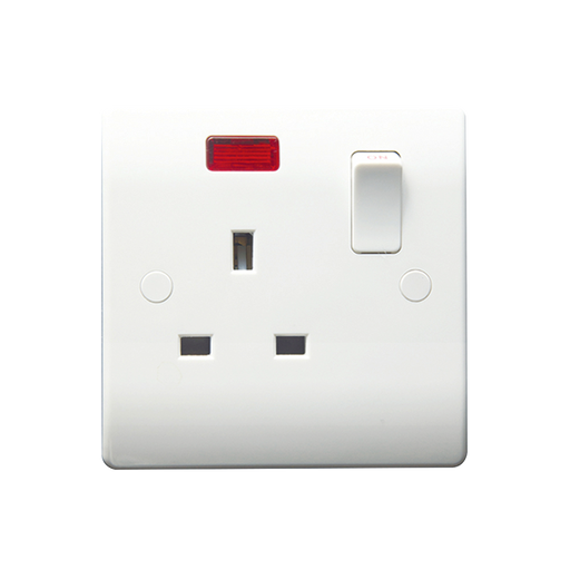Caradok 1G 13A SP Switched Socket c/w Neon - Caradok - The Classics - White Plastic