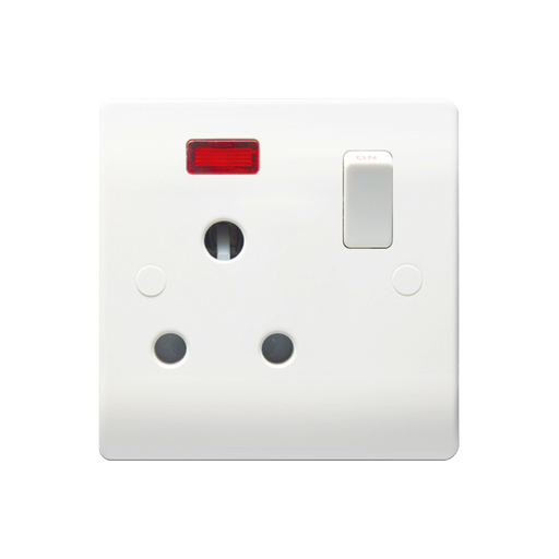 Caradok 1G 15A SP Switched Socket c/w Neon Round Pin - Caradok - The Classics - White Plastic