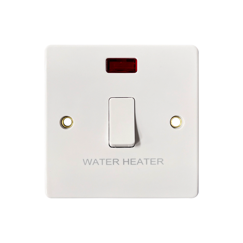 Caradok 20A DP Switch c/w Neon marked "WATER HEATER" - Caradok - The Classics - White Plastic