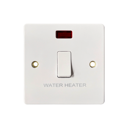Caradok 20A DP Switch c/w Neon marked "WATER HEATER" - Caradok - The Classics - White Plastic