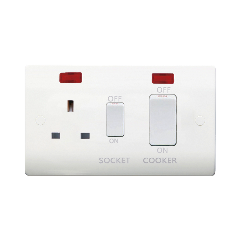 Caradok 45A DP Cooker Control Unit White Switch c/w Neon - Caradok - The Classics - White Plastic