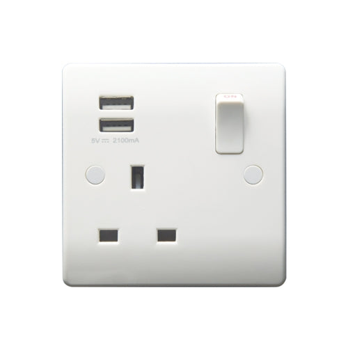 Caradok 1G 13A Switched Socket 2 USB A 2.1A - Caradok - The Classics - White Plastic