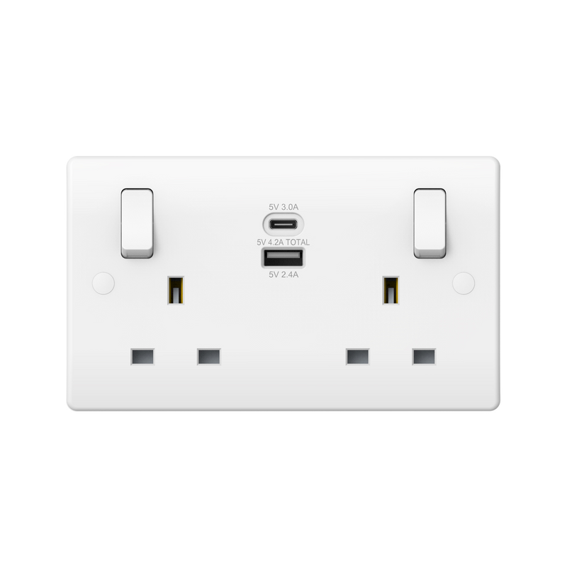 Caradok 2G 13A Switched Socket USB A + C - Caradok - The Classics - White Plastic