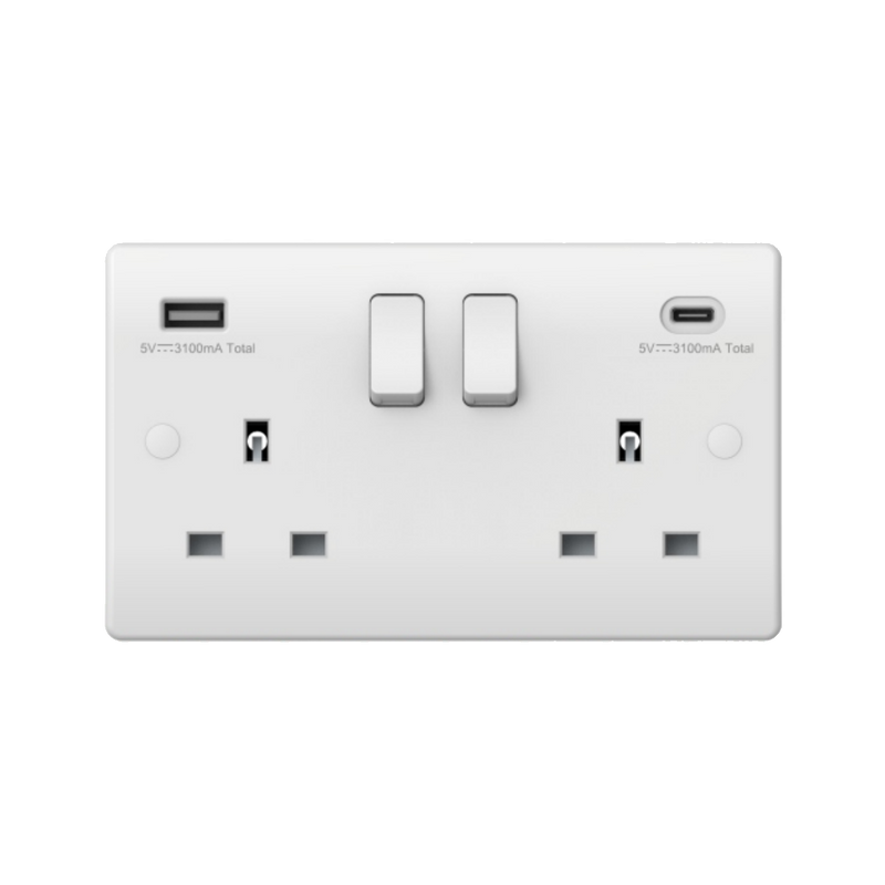 Caradok 2G 13A DP Switched Socket USB A + C 3.1A - Caradok - The Classics - White Plastic