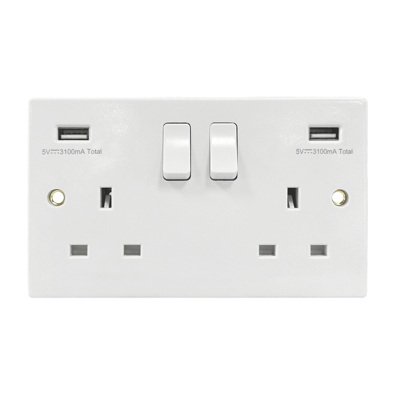 Caradok 2G 13A Switched Socket 2 USB A Squared Edge -