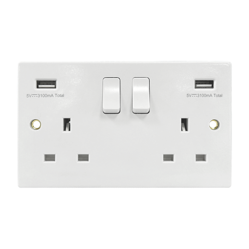 Caradok 2G 13A Switched Socket 2 USB A Squared Edge -