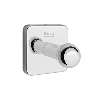 Chrome bathroom wall robe hook with Roca logo on a white background